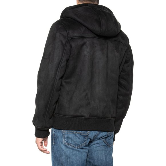 NWT $250 LEVI'S Men M Faux Suede Sherpa Lined Hoodie Bomber Trucker Jacket Black - Picture 2 of 10